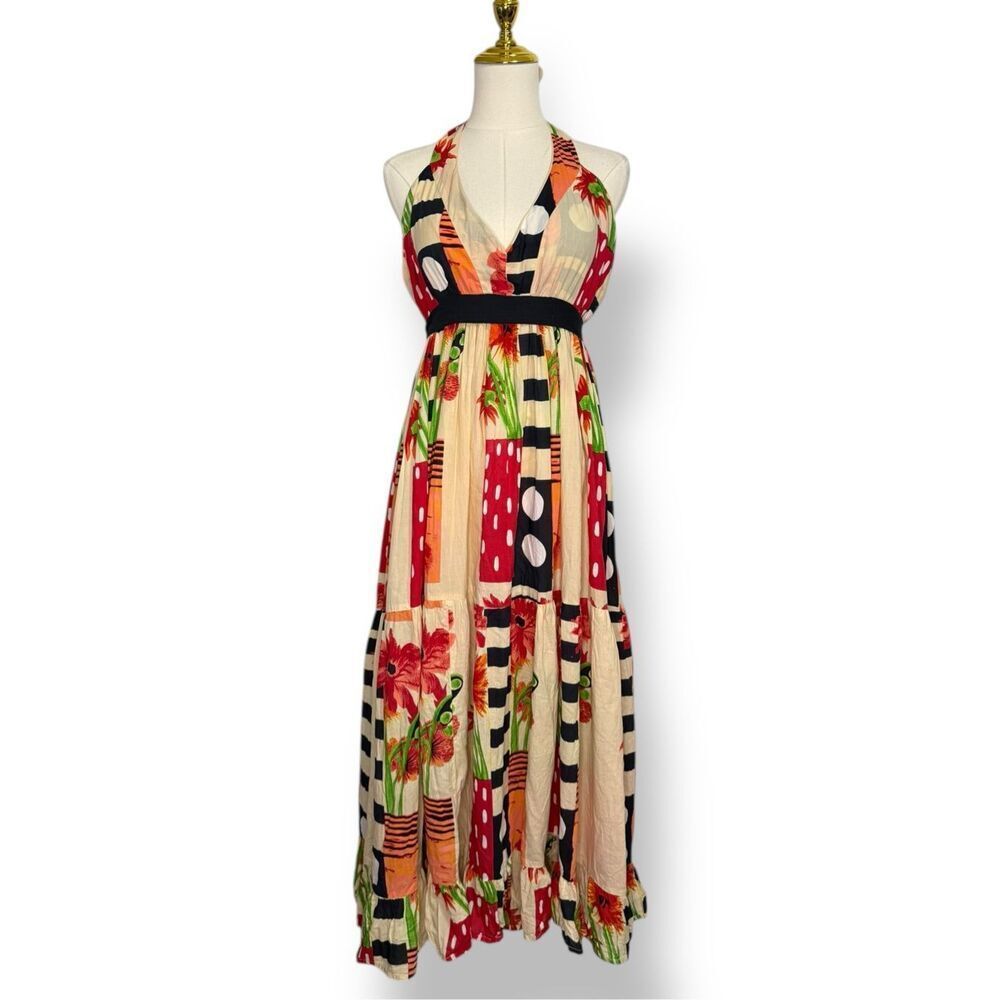 Advance Apparels Women’s XL Floral Midi Dress Halter Tiered Geometric Patchwork